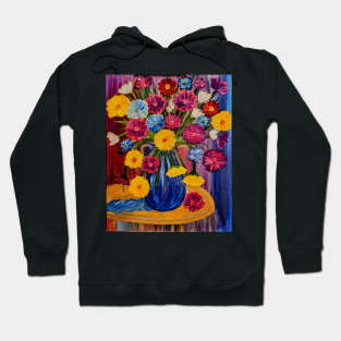 beautiful abstract flowers in vibrant colors in a tall glass vase set against a rainbow colors background painting. Hoodie